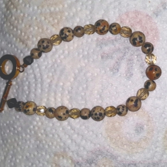 EuroKatGifts Jewelry - Bracelet semi-precious  dalmation beads & lt amber crystal beads, T clasp.